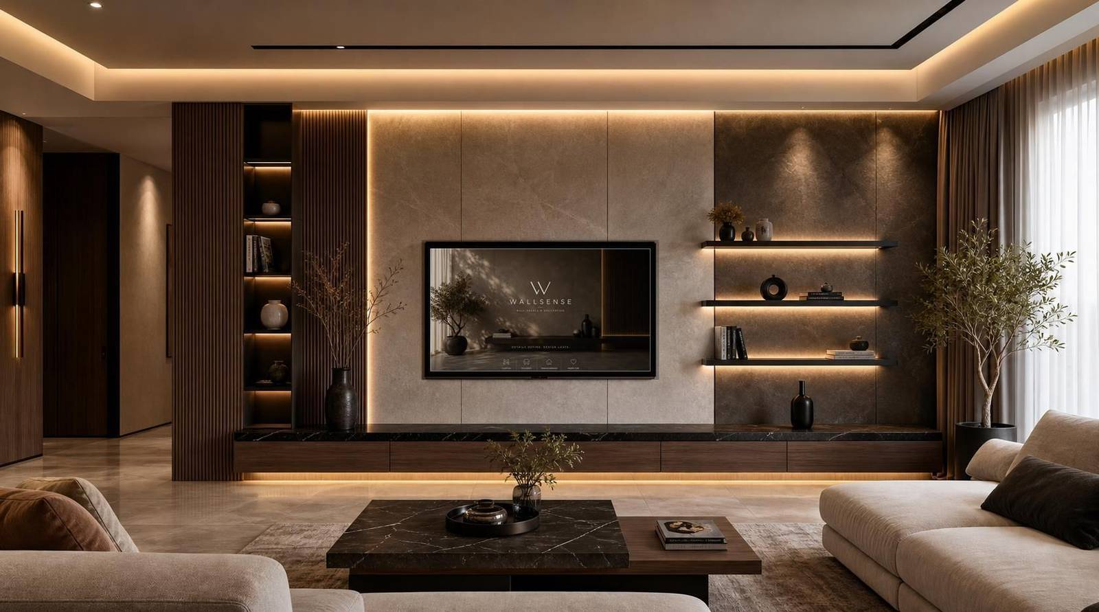 Dekoratif TV duvarı ve gizli LED uygulaması