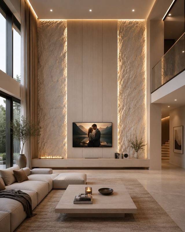 Yüksek tavan salon dekoratif duvar ve gizli LED uygulaması